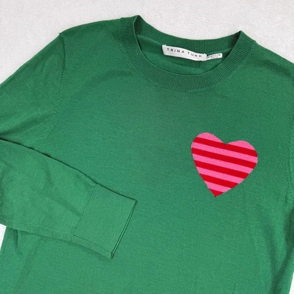 Trina Turk Womens Green 100% Merino Wool Heart Graphic Pullover‎ Sweater Small