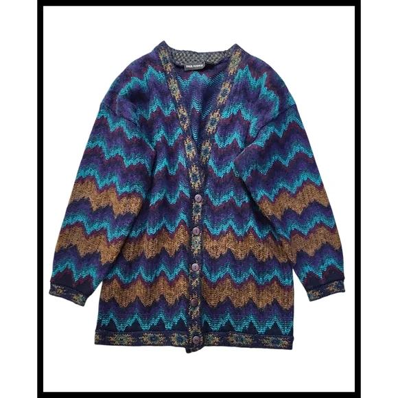 Paul Harris Vintage Wool Mohair Long Cardigan Sweater Multi Flamestitch Large