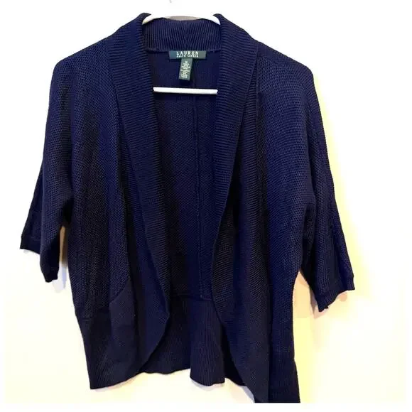 Lauren Ralph Lauren Open Front Cardigan Sweater Navy Blue Size M Knit 3/4 Sleeve
