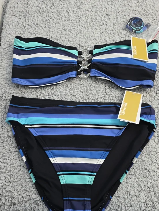 Michael Kors Black, Teal & Blue Striped Bandeau Bikini