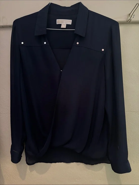 Michael Kors Dark Navy Draped Surplice Blouse