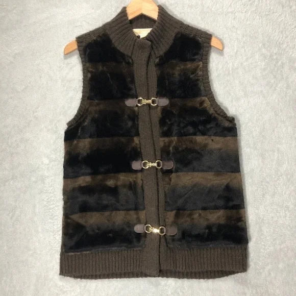 Michael Kors Faux Fur Vest Knit Trim Toggle‎ Front Brown Vest Size M