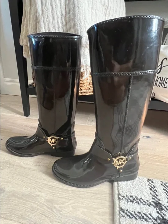 Michael Kors Black Patent Tall Rain Boots with Gold MK Emblem