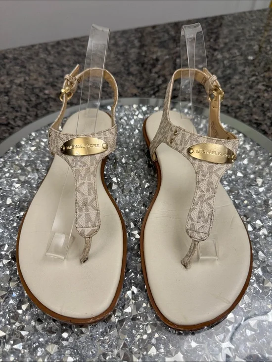 Michael Kors Beige Logo T-Strap Sandals 8
