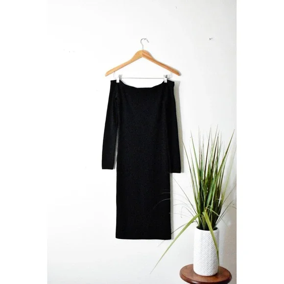 Michael Kors Sweater Dress Womens Large Black Modern Off-Shoulder Ribbed Knit