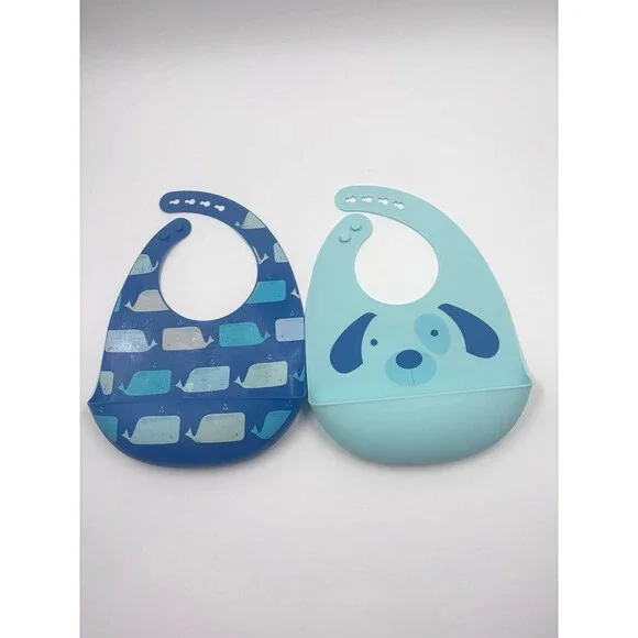 Cloud Island Silicone Baby Bibs Set Dark Blue Whale & Light Blue Dog Face