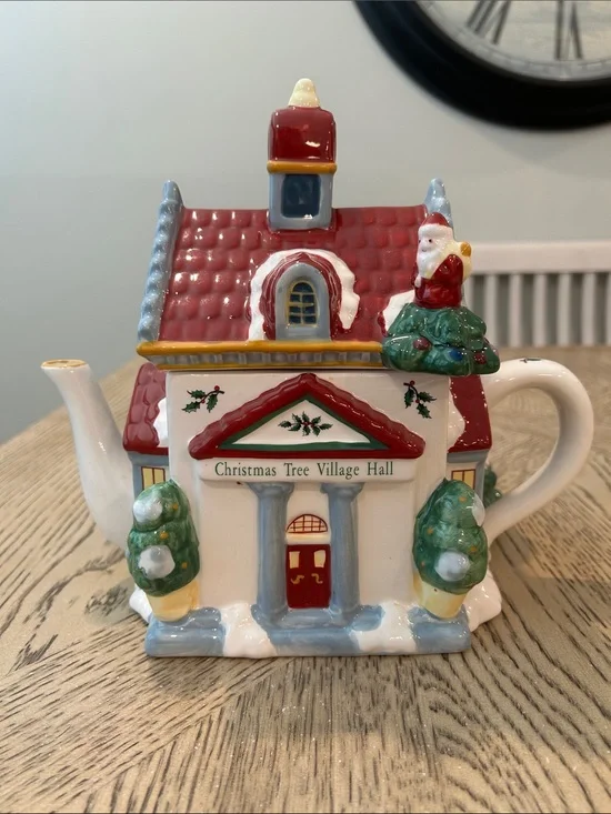 Spode Christmas Tree Village Hall Teapot in Red, Green, White