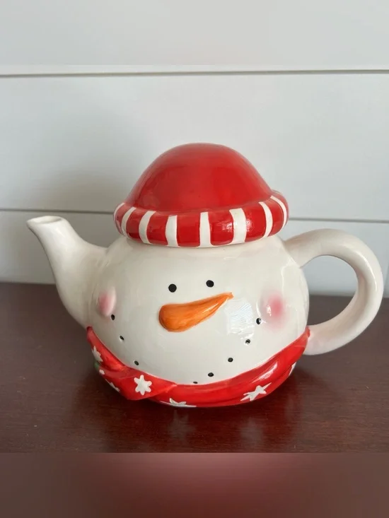 Festive Red Snowman Teapot - Holiday Home Decor