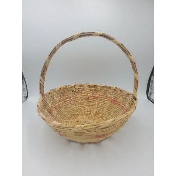Vintage Woven Easter Basket Pink Bands Handle Made in Mexico 12