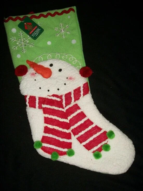 Green Snowman Scarf Snowflake Christmas Stocking Holiday Decoration Sherpa Pom