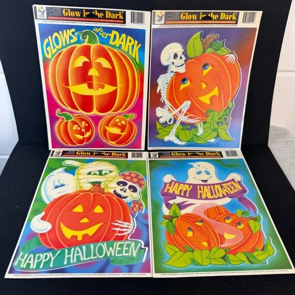 Vintage Glow in the Dark Window Clings Halloween Pumpkins Ghost Mummies Skeleton