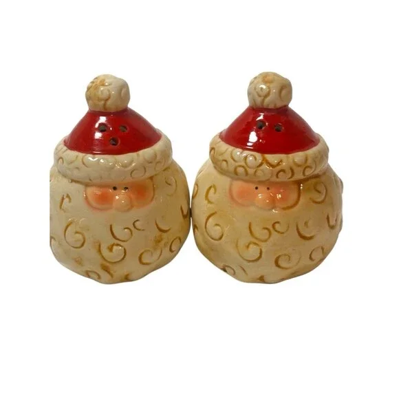 Festive Ceramic Santa Salt and Pepper Shakers Round Curly Swirl Beard Set of 2