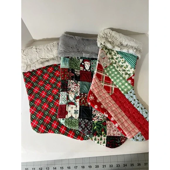 3 Quilted Christmas Stockings Faux Fur Band Red Green 16