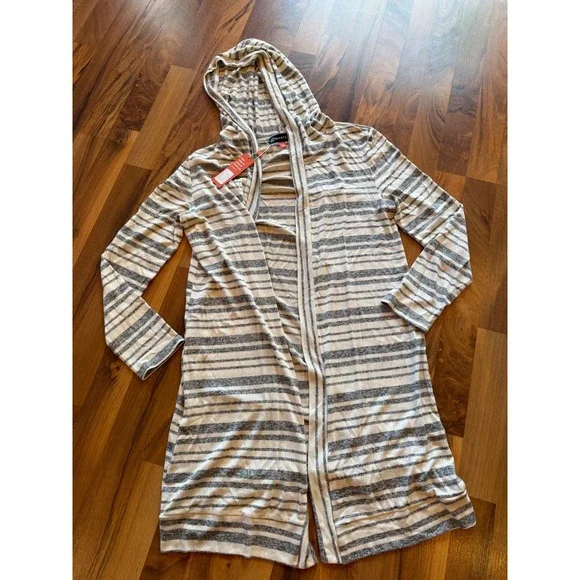 Wantable Striped Hooded Cardigan Women‎ M Grey White NEW Duster Open Front