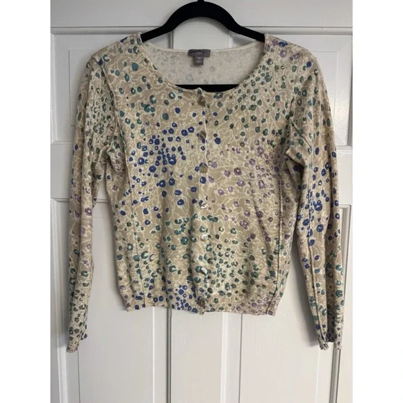 J. Jill Lightweight Cardigan Sweater Abstract‎ Colorful Dots Tan Backgroun Sz XS