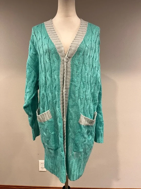 LuLaRoe oversized Teal Cable-Knit Cardigan with Gray Trim size‎ medium