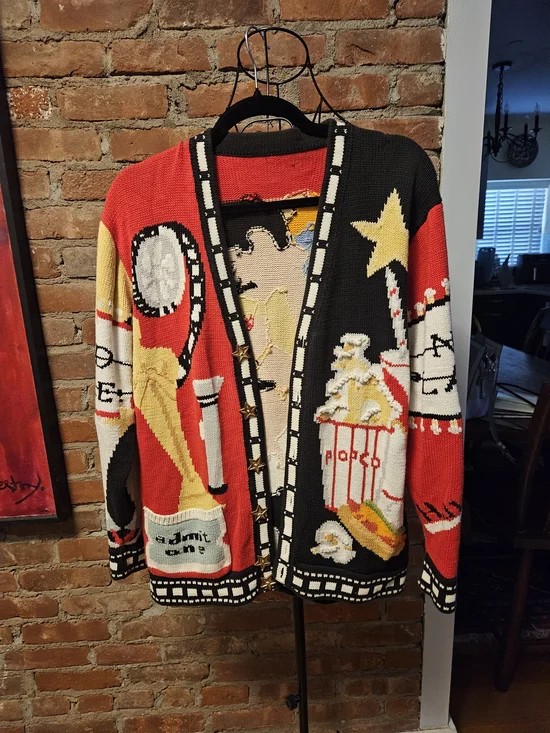 Oscar Themed Red and Black Novelty Knit Sweater Cardigan