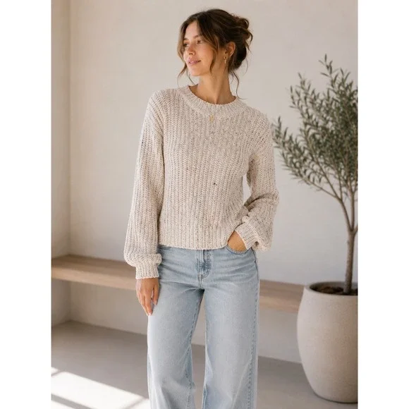 New Directions Cream Confetti Popcorn Chunky Crewneck  Ribbed Knit Sweater S