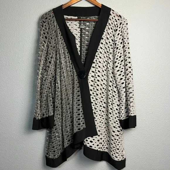 Ali Miles Gray‎ Black Mesh Knit Cardigan XL Open Drape Asymmetrical Button Front