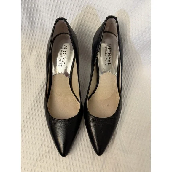 Michael Kors Black Leather Pointed Toe Stiletto Pumps Slip On Logo US 6
