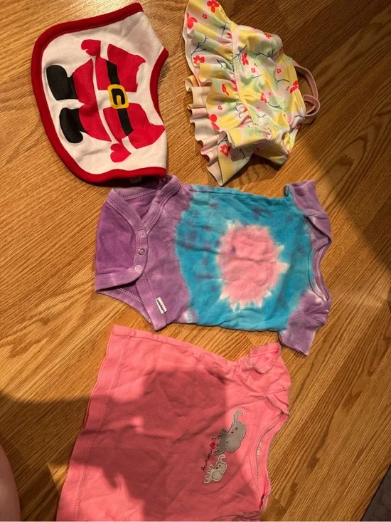 Gerber Tie-Dye Purple Blue Pink Onesie with Floral Swim Skirt and Santa Bib