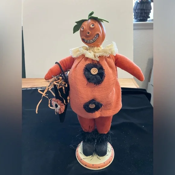 Handmade Halloween Pumpkin Cloth Figurine 15” Happy Pumpkin Head