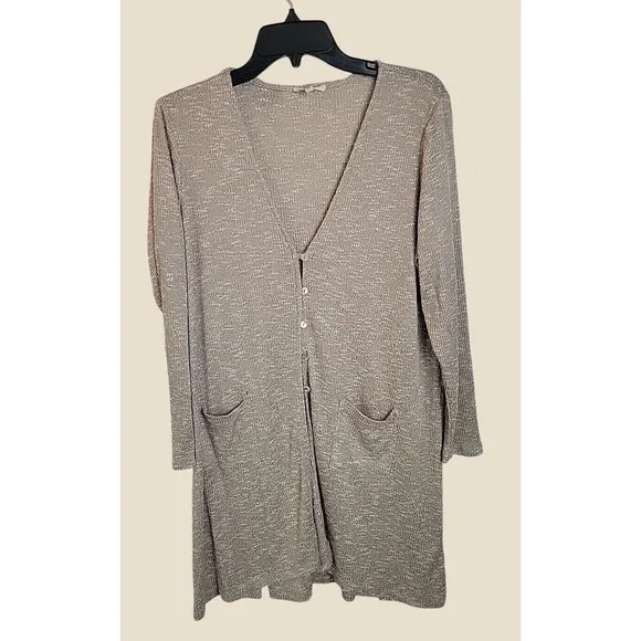 Maurices Cardigan Sweater Longline Button Front Ribbed Knit Pocket Beige Large