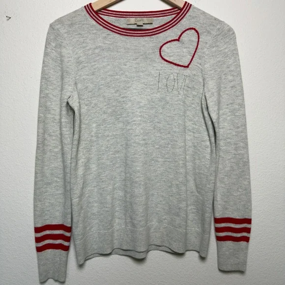 LOFT Women Love Sweater Small Gray Heart Embroidered Varsity Stripe Crewneck