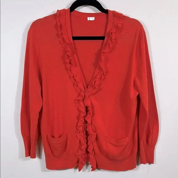 J. Crew Coral Orange Ruffle Button Front Coquette Cardigan Sweater Women Medium