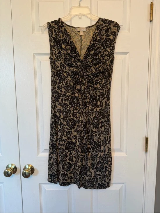 Michael Kors Black and Beige Floral Twist-Front Midi Dress