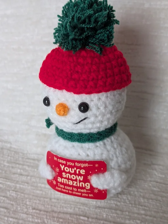 Crochet Snowman Plush with sign. removable Red Hat & Green Scarf