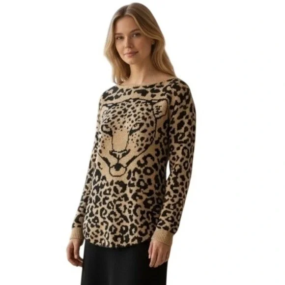 Cotton Emporium Women's Sweater Leopard Print Cheetah Knit Tan Black Small‎