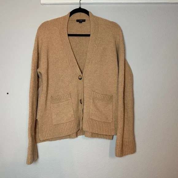 J. Crew SuperSoft Yarn Cardigan Sweater Size Small Caramel Tan Brown Cropped