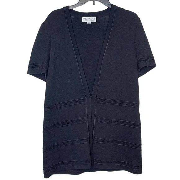St. John Women's‎ Cardigan Sweater Santana Knit Short Sleeve Open Front Black 10