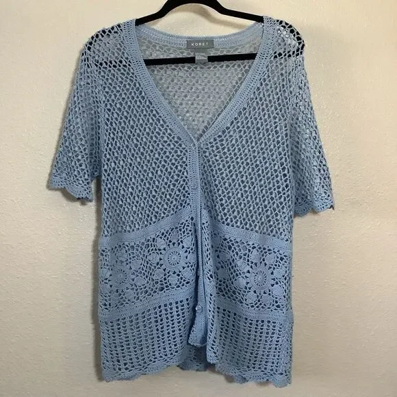 Vintage Y2K Blue Crochet Cottagecore Feminine Oversized Open Knit‎ Cardigan L