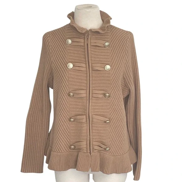 ROAMANS Womens Military Style Cardigan Sweater Beige Ruffle Collar Buttons‎