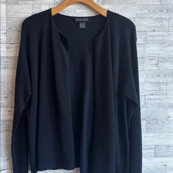 Black‎ Wool Cardigan Sweater Open Front Ellen Tracy women’s large