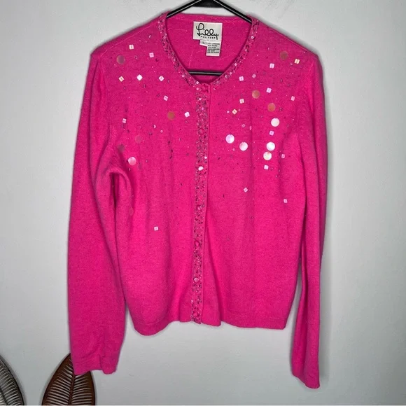 RARE Vintage Lilly Pulitzer Pink Lambswool‎ Beaded Cardigan C9