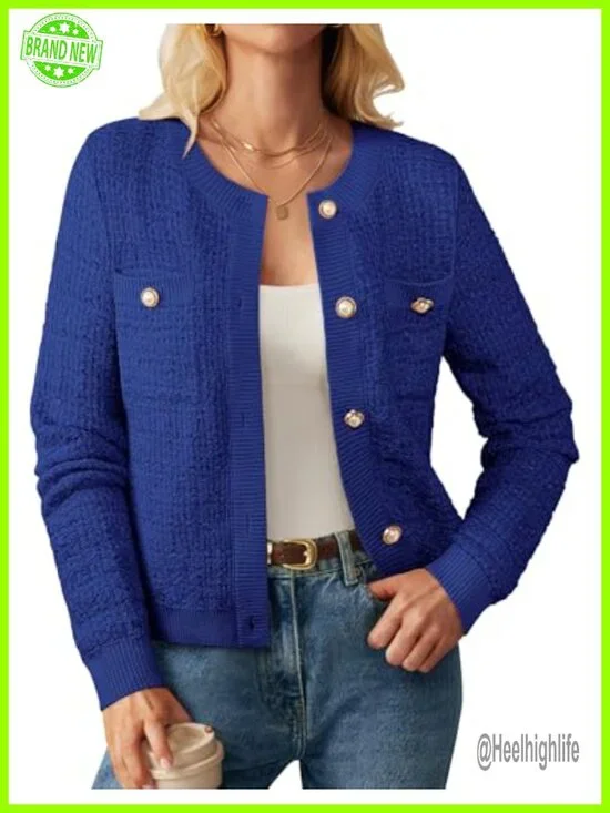 Open Front Button Down Long Sleeve Texture Knit Cardigan with Pockets