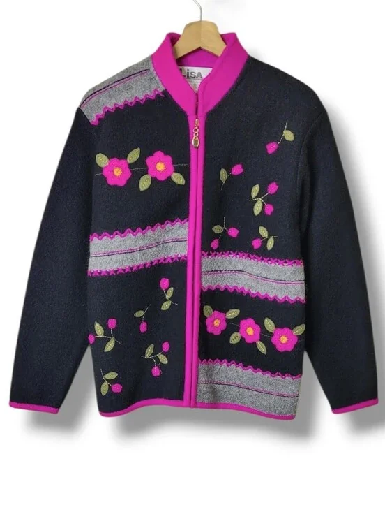 Lisa Internantional Boiled Wool Floral Cardigan Sweater