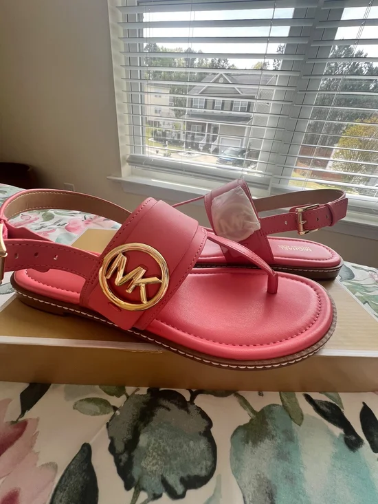 Michael Kors Tea Rose Faux Leather Thong Sandals with Logo Accent