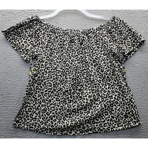 Michael Kors Blouse Womens S Multi Leopard Print Short Sleeve Off the Shoulder