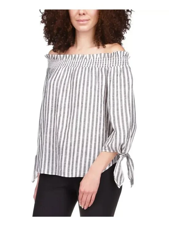 Michael Kors Ivory Gray Striped Off-the-Shoulder Top Linen Shirt Size M MSRP $98