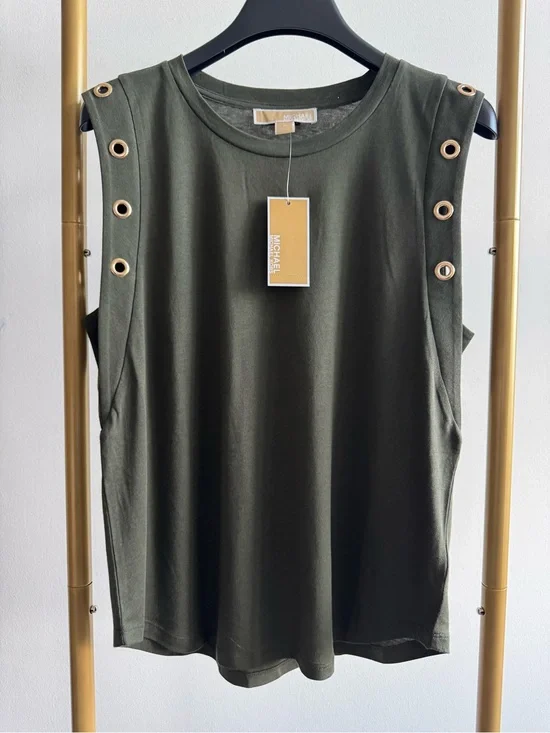 Michael Kors Olive Sleeveless Tank with Gold Eyelet Detail