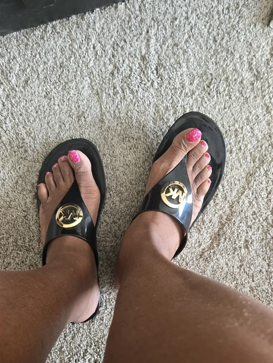 Michael Kors Black Jelly Flip Flop Sandals with Gold MK Medallion
