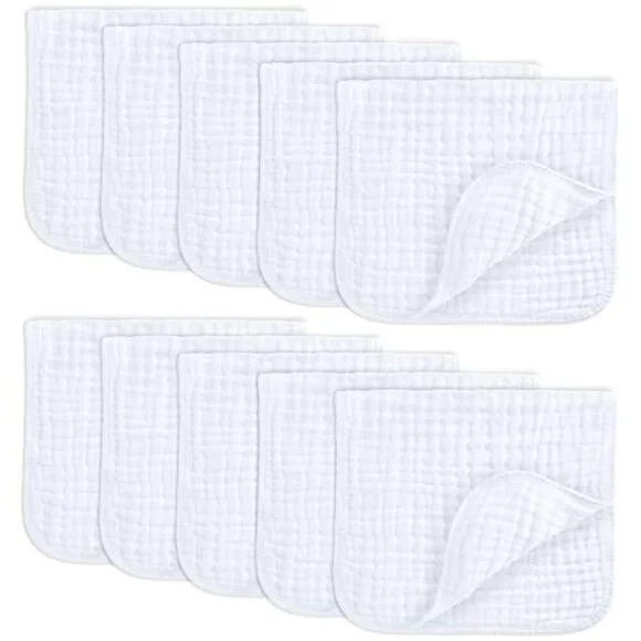 Comfy Cubs Muslin Baby Burp Cloths Pack 10 Large 6 Layer Soft Cotton White