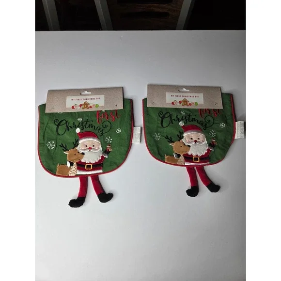Set of 2‎ My First Christmas Bibs Santa Reindeer 3D Plush Legs Green Red New