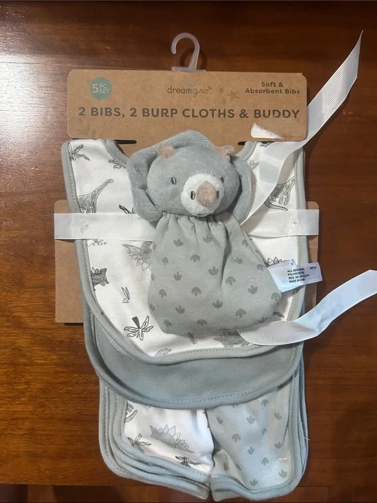 Soft Green Baby Bib & Burp Cloth Set with Plush Buddy