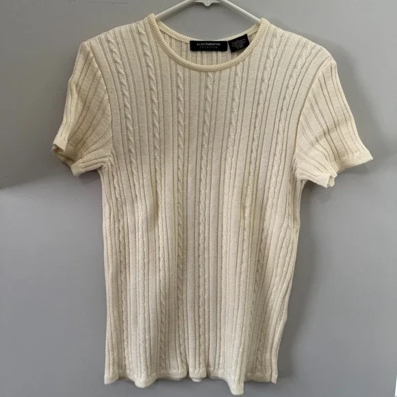 Liz Claiborne Sweater Womens Medium Cream‎ Rib Cable-Knit Short Sleeve Classic
