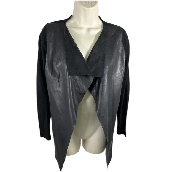 Zara Knit Black Vegan Leather Open Front Waterfall Cardigan‎ Sweater Jacket S